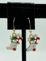 Goldtone White Enamel Christmas Stocking and Candy Canes Charm Dangle Earrings