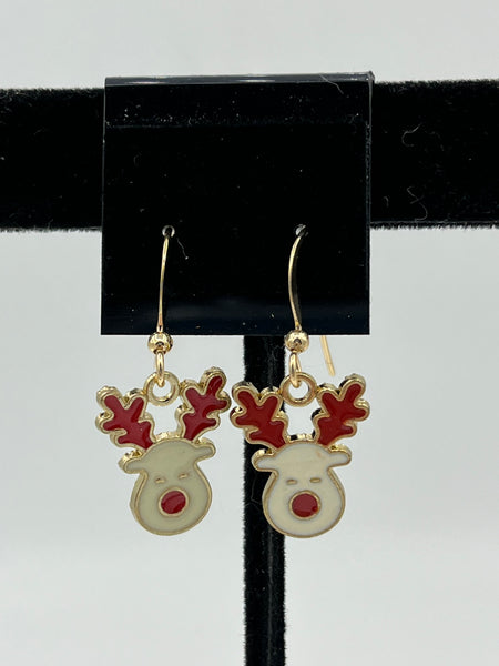 Goldtone Enamel Red and White Christmas Reindeer Head Dangle Earrings