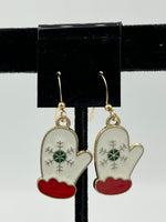 Gold Tone Enameled White, Red and Green Christmas Winter Mitten Charm Earrings