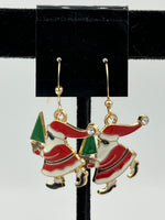 Goldtone Enamelled Christmas Santa Carrying Tree Charm Dangle Earrings