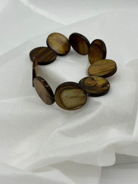 Natural Golden Mother of Pearl Shell Large Flat Coins Beaded Stretch Bracelet