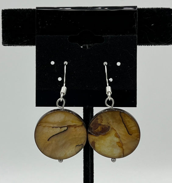 Natural Golden Mother of Pearl Shell Coin Beaded Sterling Silver Dangle Earrings