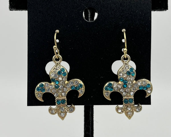 Gold Tone and Turquoise Colored CZ Stone Fleur De Lis Dangle Earrings