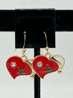 Red and White Christmas Tree and Heart Goldtone Charm Dangle Earrings