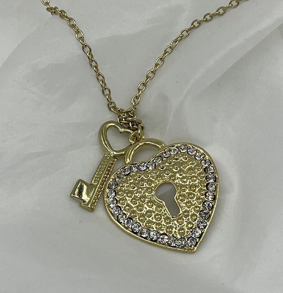 Goldtone and Clear CZ Heart Lock and Key Pendants on Adjustable Chain Necklace