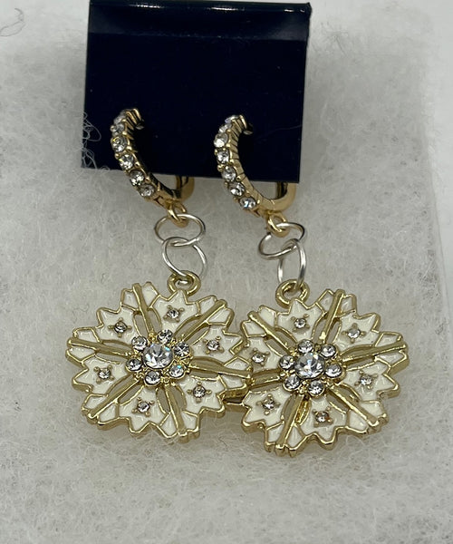 Gold Tone White Enamel and CZ Christmas Winter Snowflake Charm Hoop Earrings