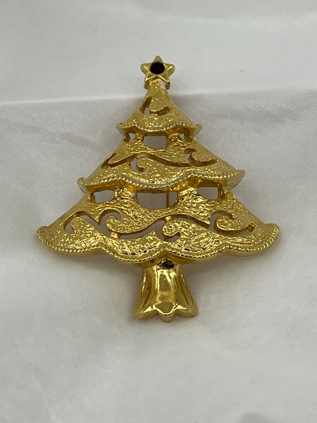 Large Gold Tone Christmas Tree Pin Brooch Stocking Stuffer