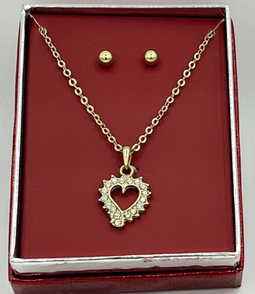 Gold Tone and CZ Open Heart Pendant on Chain and Ball Stud Earrings