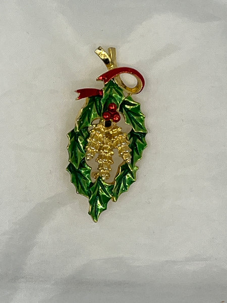 Gold Tone Christmas Holiday Pin Brooch with Holly and Pinecones Stocking Stuffer