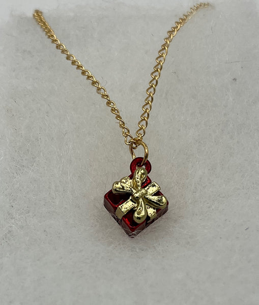 Goldtone and Red Enamel Christmas Gift Package Charm Pendant on Chain Necklace