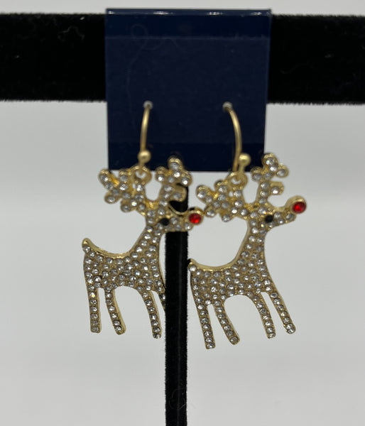 Goldtone White Enamel and Clear Cz Christmas Reindeer Charm Dangle Earrings