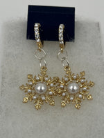 Goldtone CZ & White Pearl Christmas Winter Snowflake Charm Hoop Dangle Earrings