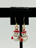 Goldtone White Enamel Christmas Winter Snowlady in Red Hat Charm Dangle Earrings