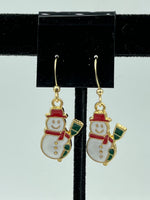 Goldtone Enamel Christmas Winter Snowman with Green Broom Charm Dangle Earrings