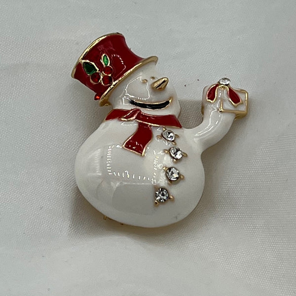 Gold Tone Enamel Christmas Winter Snowman Holding Gift Present Pin Brooch