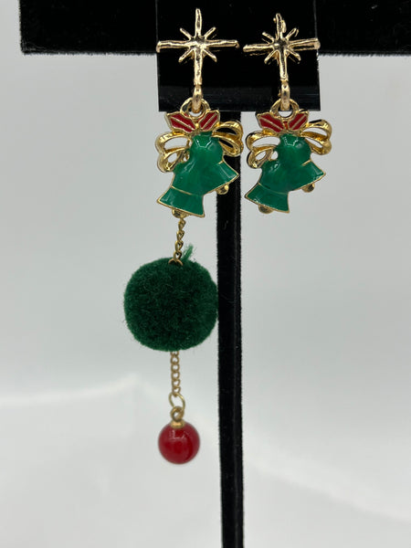 Goldtone and Green Enamel Christmas Bell Charm and Pompom Dangle Earrings