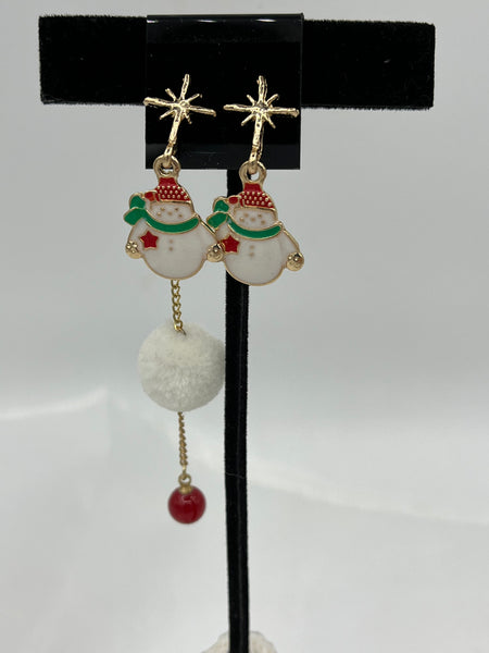 Goldtone and Red Christmas Winter Snowman and Pompom Charm Dangle Earrings