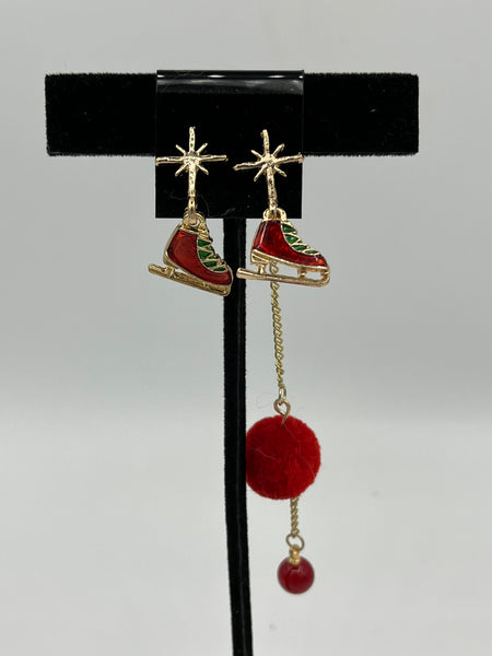 Goldtone & Red Christmas Ice Skate Charm and Pompom Asymmetrical Dangle Earrings