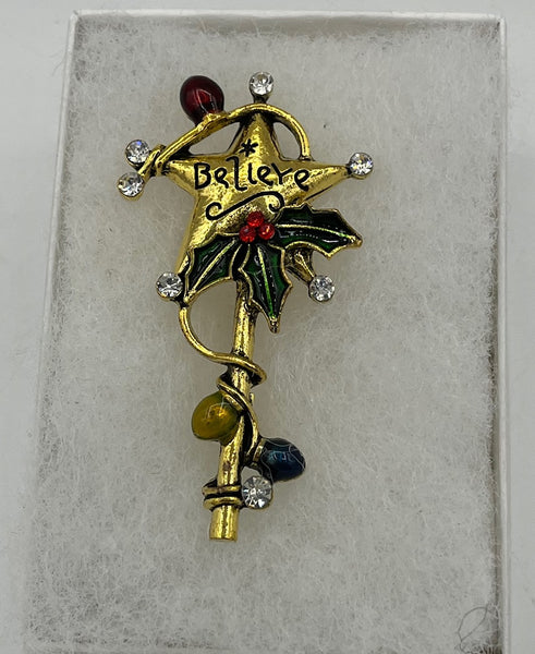 Goldtone Christmas Star Wand Pin Brooch with Holly CZs and Lights with Believe