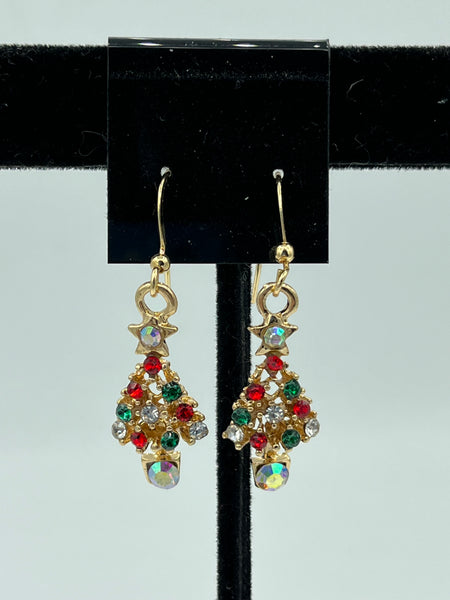 Gold Tone Christmas Tree with Red Green and White CZ Charm Dangle Earrings