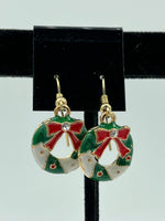 Goldtone Enamel Green and White Christmas Wreath Red Bow Charm Dangle Earrings