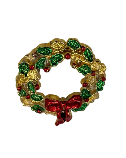 Gold Tone Christmas Wreath Pin Brooch with Green Leaves Red Berries and Bow