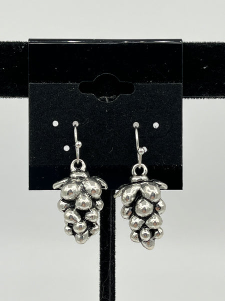 Silvertone 3D Grape Cluster Charm Dangle Earrings with Sterling Silver Hooks