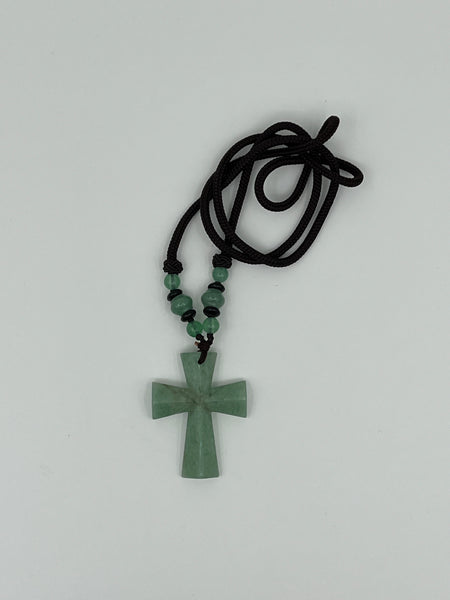 Natural Green Aventurine Gemstone Large Carved Cross Pendant on Cord Necklace