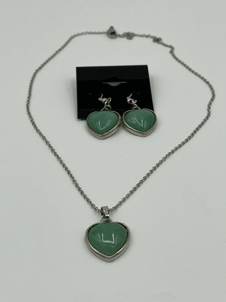 Natural Green Aventurine Gemstone Heart Pendant on Chain and Dangle Earrings Set