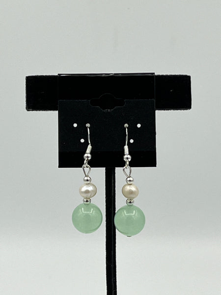 Natural Green Aventurine and Pearl Gemstone Sterling Silver Leverback Earrings