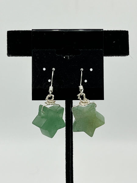 Natural Green Aventurine Gemstone Chunky Star Sterling Silver Dangle Earrings