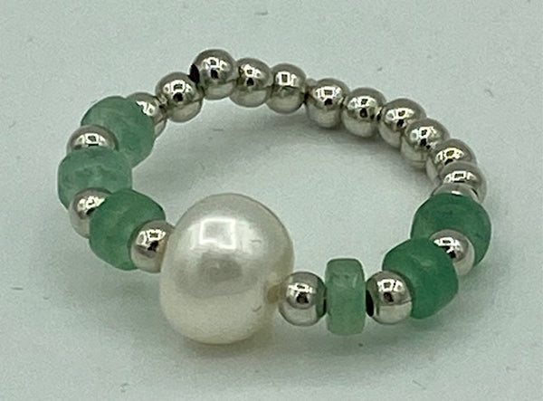 Natural Green Aventurine Gemstone Rondelle and White Pearl Beaded Stretch Ring