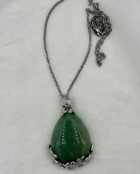 Natural Green Aventurine Gemstone Teardrop Floral Pendant on Chain