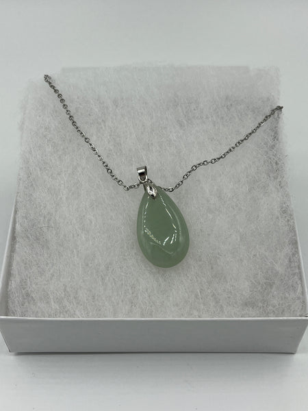 Natural Green Aventurine Gemstone Teardrop Pendant on Chain Necklace