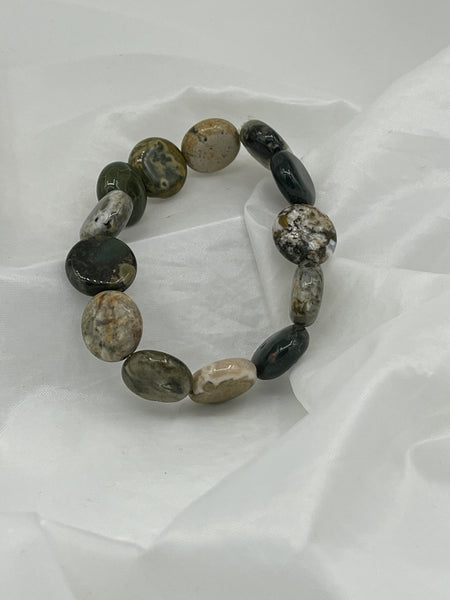 Natural Green Moonstone Gemstone Puffed Disk Beaded Stretch Bracelet