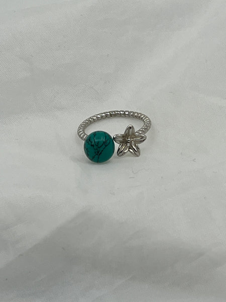 Natural Green Turquoise Gemstone Round & Flower Sterling Silver Adjustable Ring