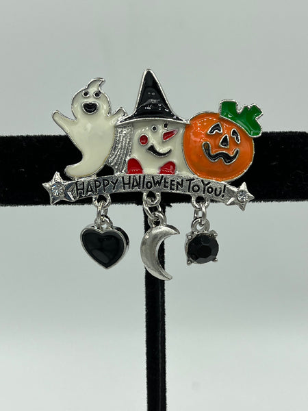 Happy Halloween Pin Brooch with Ghost Pumpkin and Witch Head