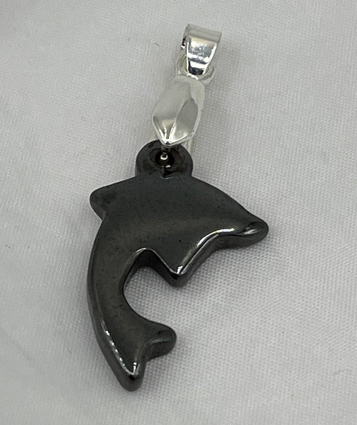 Natural Hematite Gemstone Small Carved Dolphin Pendant