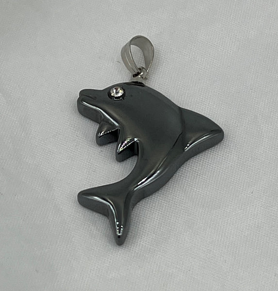 Natural Hematite Gemstone Carved Dolphin Pendant with CZ Eye