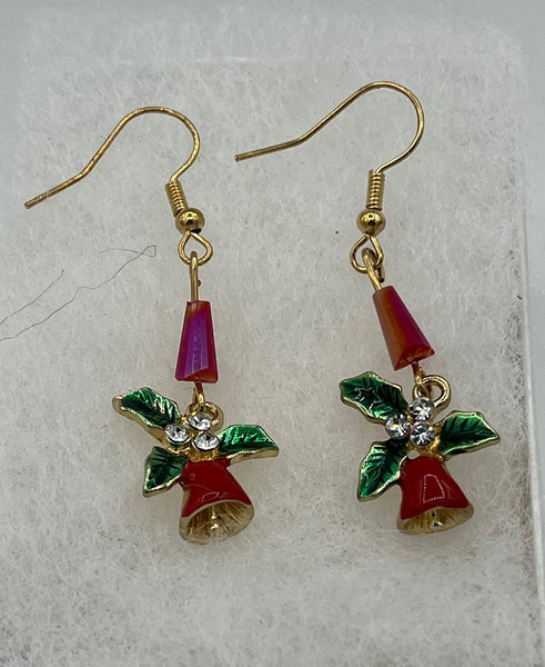 Silvertone Enamel and Red Glass Beaded Christmas Holly and Bell Dangle Earrings