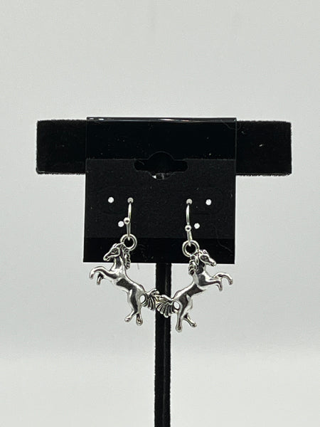 Silvertone 3D Prancing Horse Charm Dangle Earrings with Sterling Silver Hooks