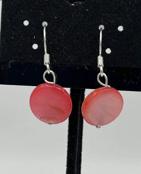 Hot Pink Mother of Pearl Shell Coin Beaded Sterling Silver Dangle Earrings