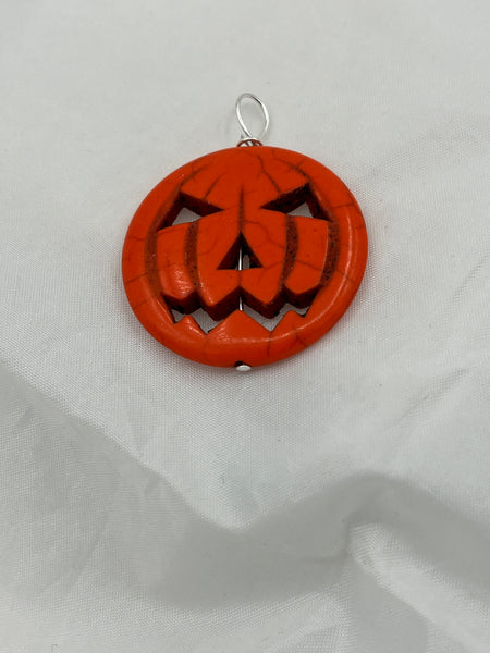 Orange Colored Howlite Gemstone Carved Halloween Pumpkin Jack O Lantern Pendant