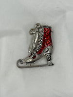 Silver Tone Christmas Holiday Ice Skate Pin Brooch Red Trim Stocking Stuffer