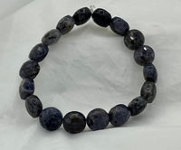 Natural Iolite Gemstone Faceted Disk & Silvertone Flower Beaded Stretch Bracelet