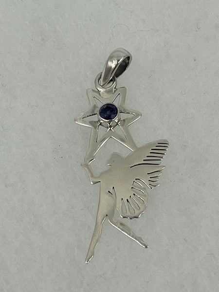 Natural Iolite Gemstone Sterling Silver Fairy with Star Pendant