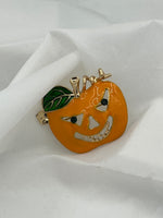 Halloween Orange Enamel and Goldtone Pumpkin Jack o Lantern Pin Brooch