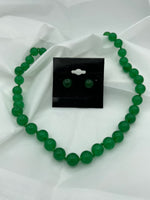 Natural Green Jade Gemstone 10 MM Round Beaded Necklace and Stud Earrings Set