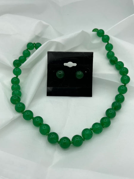 Natural Green Jade Gemstone 10 MM Round Beaded Necklace and Stud Earrings Set