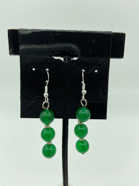 Natural Green Jade Gemstone Round Beaded Sterling Silver Dangle Earrings